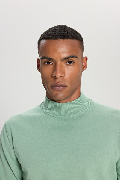 ALTINYILDIZ CLASSICS Erkek Su Yeşili Pamuklu Standart Fit Normal Kesim Yarım Balıkçı Yaka Triko Kazak