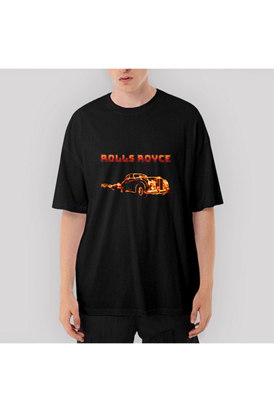 CrowsGate Tricou negru supradimensionat Rolls Royce In Fire