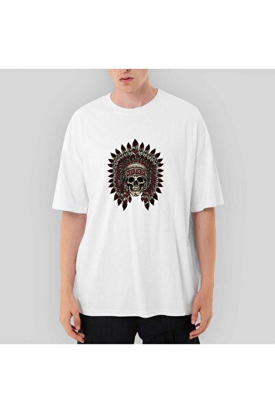 CrowsGate Tricou alb Indian Skull Apache supradimensionat