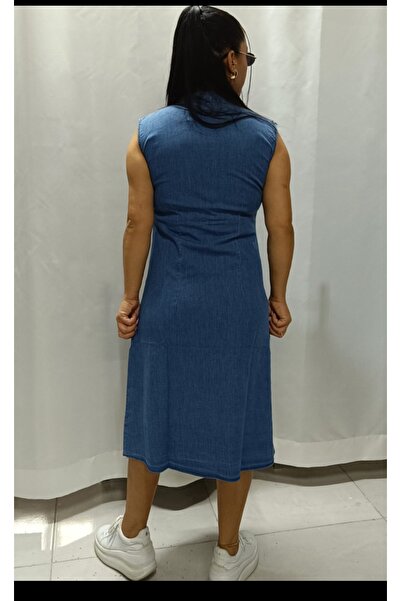 AKŞEN GİYİM Plus Size Women's - Slim Jeans Denim Shirt Collar and Buttoned Sleeveless Jean Dress