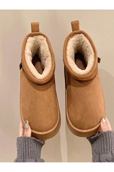 B&B'shop Kadın Süet Taba Mini Düz Tabanlı İçi Tüylü Kısa Yarım Bot