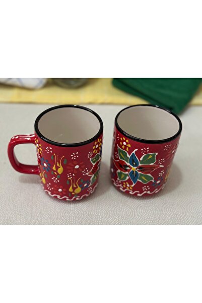 Den Tasarım Hediyelik Çini El Işlemeli Seramik Dantel Desen Kırmızı Kupa Bard...