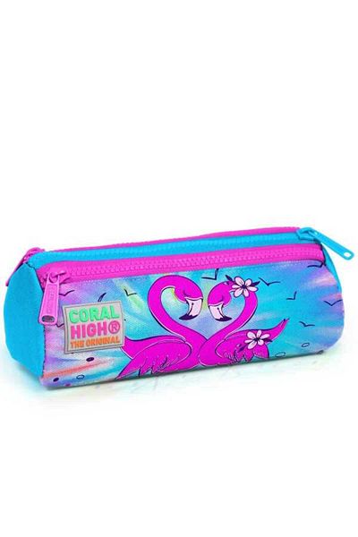Coral High 22030 Μοντέλο τριών διαμερισμάτων μπλε και ροζ μοτίβο Flamingo τσάντα μολυβιού