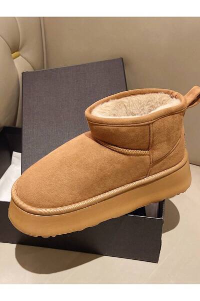B&B'shop Kadın Süet Taba Mini Düz Tabanlı İçi Tüylü Kısa Yarım Bot