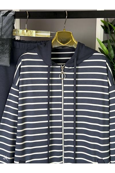 bergibo New Season Full Size Zippered & Hooded Striped Sweat Pants Double Set