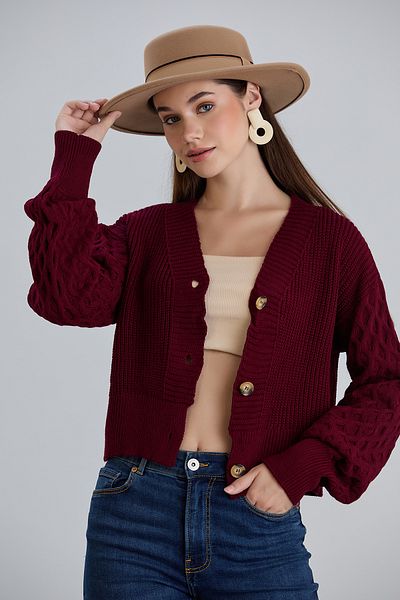 hanope Women's Balloon Sleeve Knitted Patterned Crop Knitwear Claret Red Cardigan