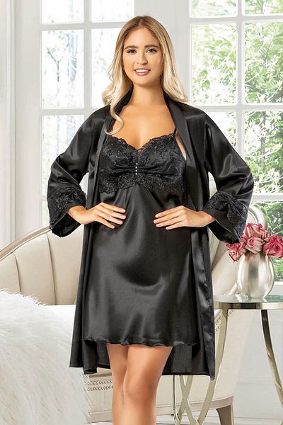 ROZELT Set cămașă de noapte și rochie din dantelă din satin negru - 2031