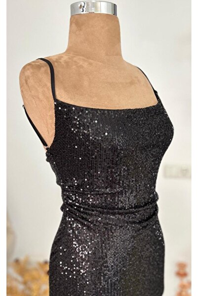 Arestill Siyah abiye mini, pullu payetli, askılı, sırt dekolteli, drapeli elbise