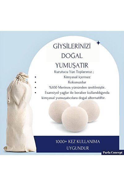 Parla Concept Çamaşır Yün Kurutma Topu ve Koku Seti - Kurutma Makinesi İçin - 3 Adet Top ve 2 Adet Koku - XL