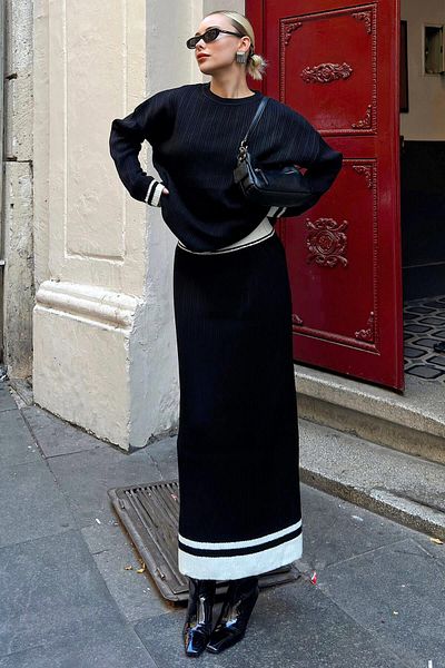 Swist Black Kaia Stripe Detailed Crew Neck Sweater-Skirt Women's Knitwear Bottom-Top Set