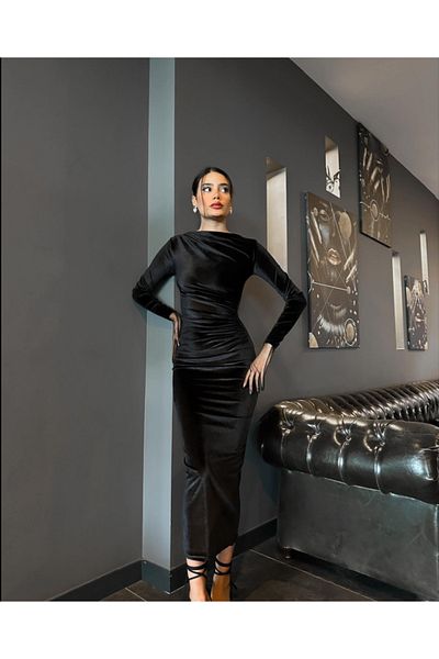 S&A Collectionn Rochie maxi lungă, cu mânecă lungă, cu decolteu barcă, cu șnur