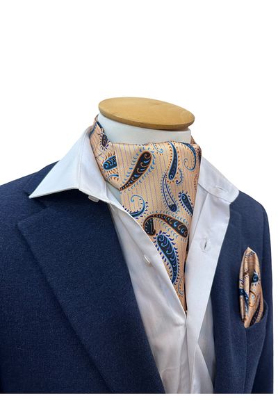 TMFASHİON Men's Striped Shawl Pattern Self Tied Neck Monşer Ascot Scarf Pocket Handkerchief Set