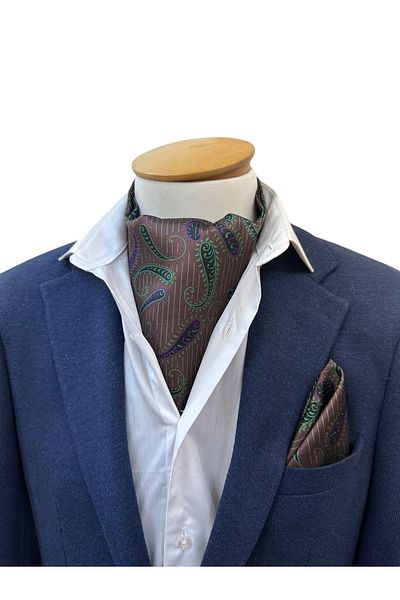 TMFASHİON Men's Striped Shawl Pattern Self Tied Neck Monşer Ascot Scarf Pocket Handkerchief Set