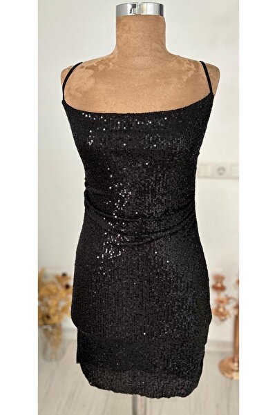 Arestill Siyah abiye mini, pullu payetli, askılı, sırt dekolteli, drapeli elbise