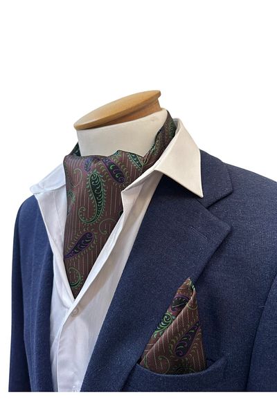 TMFASHİON Men's Striped Shawl Pattern Self Tied Neck Monşer Ascot Scarf Pocket Handkerchief Set