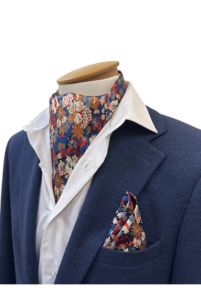 TMFASHİON Men's Floral Patterned Self Tied Neck Monşer Ascot Scarf Pocket Handkerchief Set