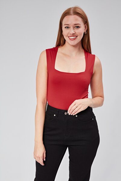 Maison La Femme Red Lined Zero Sleeve Square Collar Low-Cut Snap Bodysuit