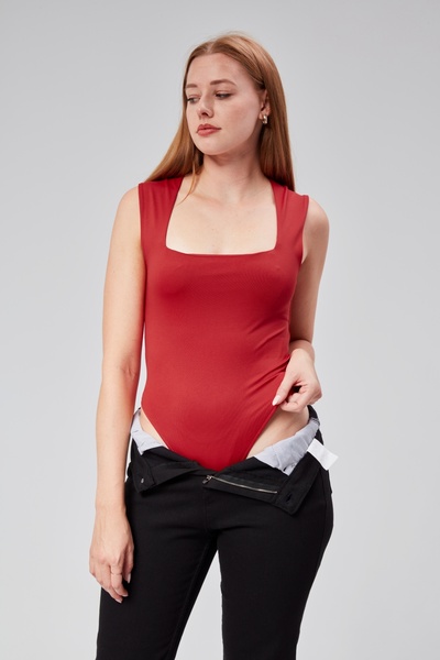 Maison La Femme Red Lined Zero Sleeve Square Collar Low-Cut Snap Bodysuit