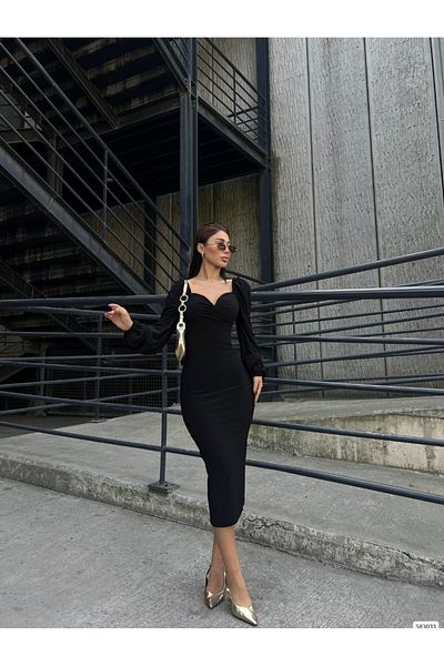 WOST Women's Black Sandy Fabric Heart Collar Slit Detailed Midi Dress Wedding Engagement Graduation Dress