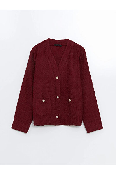 LC Waikiki LCWAIKIKI Classic Bordo V Yaka Dokulu Kadın Hırka