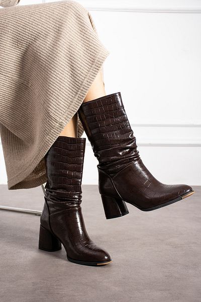KOTAN Καφέ Crocodile Skin Gusseted Άνετα κομψά γυναικεία μποτάκια με τακούνι με λεπτομέρεια με κορδόνι