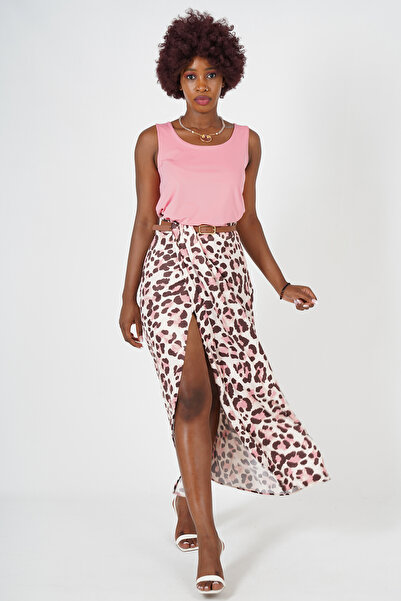 YORSSTYLE LEOPAR DESENLİ KEMERİ BİRLİKTE YIRTMAÇLI MAXİ ETEK