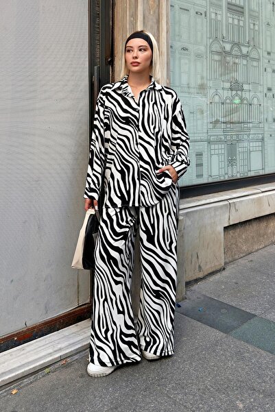 Swist Black Friz Zebra Patterned Shirt-Pants Relaxed Women's Top and Bottom Set
