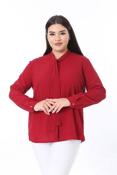 Şans Women's Plus Size Burgundy Front Buttoned Scarf Tie Long Sleeve Blouse 65N38369