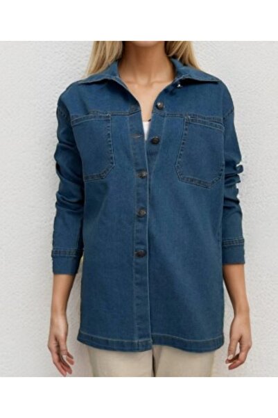 ZY BUTİK Büyük Beden Mavi Çift Cepli Jean Gömlek