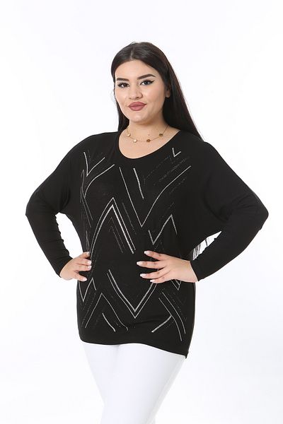 Şans Women's Plus Size Black Stone Detailed Bicycle Collar Bat Sleeve Blouse 65N38368
