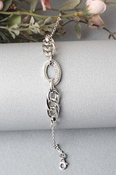 BY BARUN SİLVER Zincir Bileklik Oval Zirkon Taşlı 925 Ayar Gümüş Beyaz Silver...