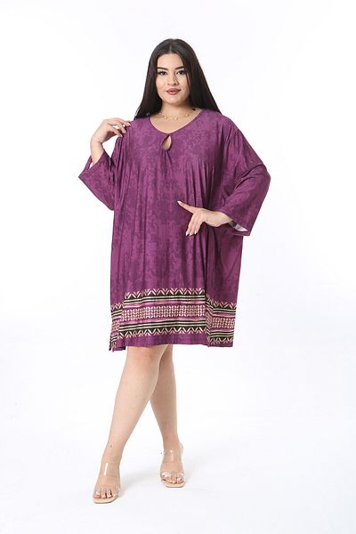 Şans Women's Plus Size Plum Kiss Collar Capri Sleeve Tunic Dress 65N38350