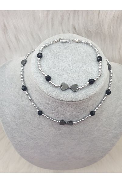 HAPPY HANDMADE Hematite Natural Rhinestone 33cm Necklace and 20cm Bracelet 2-Piece Jewelry Set - Evening Dress and Choker Necklace