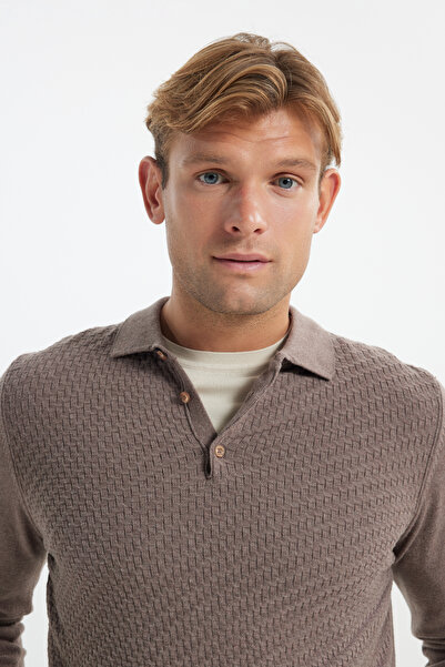 ALTINYILDIZ CLASSICS Erkek Vizon Pamuklu Standart Fit Normal Kesim Polo Yaka Armürlü Triko Kazak