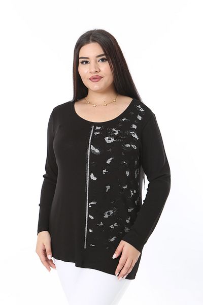 Şans Women's Plus Size Black Stone Detailed Crew Neck Long Sleeve Blouse 65N38363