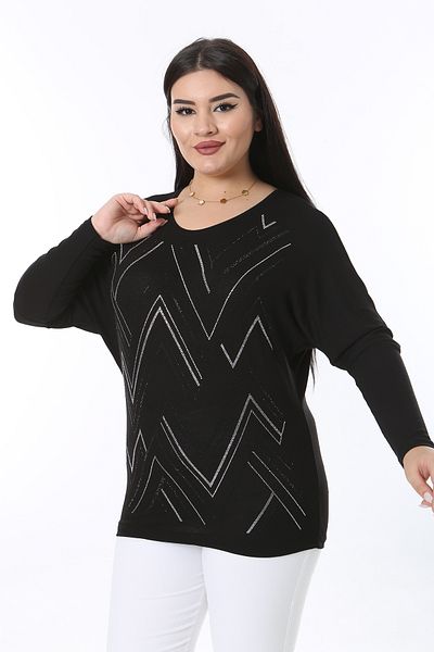 Şans Women's Plus Size Black Stone Detailed Bicycle Collar Bat Sleeve Blouse 65N38368