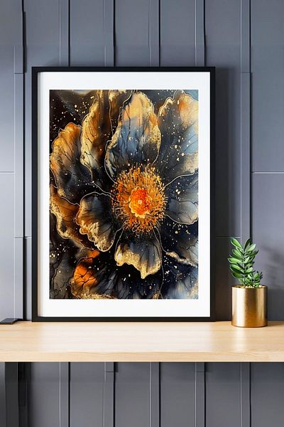 Nod Black Ink Patterns Coated Flower Painting in Gold Glitters, Decorative Wall Ornament