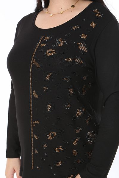 Şans Women's Plus Size Black Stone Detailed Crew Neck Long Sleeve Blouse 65N38364