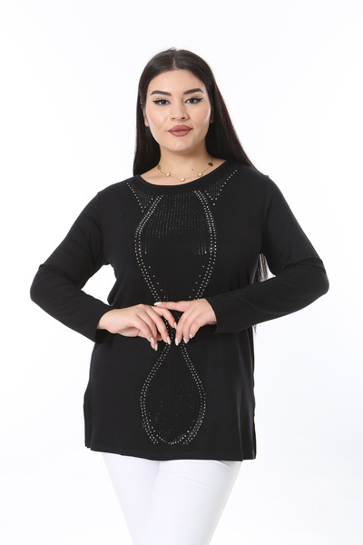 Şans Women's Plus Size Black Stone Detailed Crew Neck Long Sleeve Blouse 65N38365