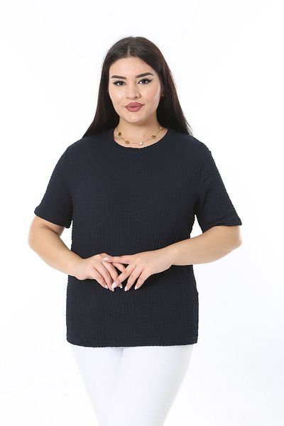 Şans Women's Large Size Navy Blue Waffle Fabric Short Sleeve Blouse 65N38367