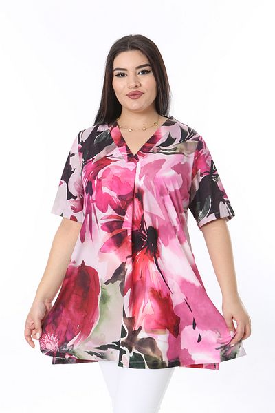 Şans Women's Large Size Color Collar Pleated Side Slit Short Sleeve Tunic 65N38355