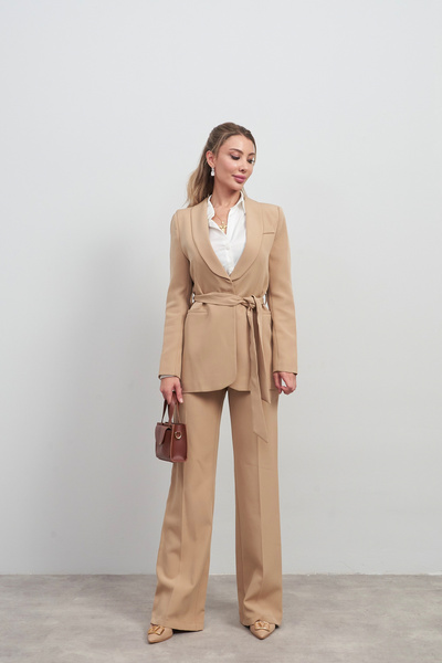 Rabia Çelik Women's Mink Belted Wide Leg High Waist Pants Jacket Bottom Top Set