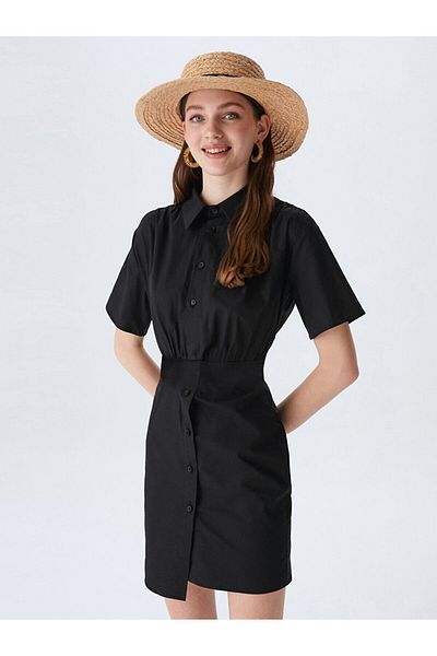 Ltb Black Shirt Collar Dress with Elastic Waist