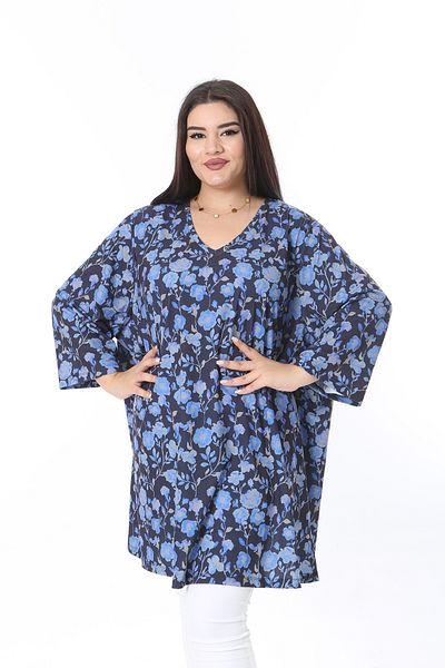 Şans Women's Large Size Navy Blue V-Neck Capri Sleeve Tunic 65N38358