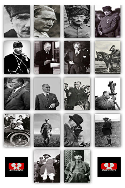 ikisemedya 18 Adet Atatürk Resimli Buzdolabı Magnet (6X9CM) Renkli Ve Siyah B...