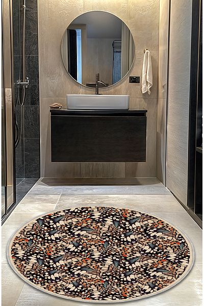 Artızon Floral Decorative Modern Vintage Retro Design Non-Slip Base 100 cm Round Bath Mat