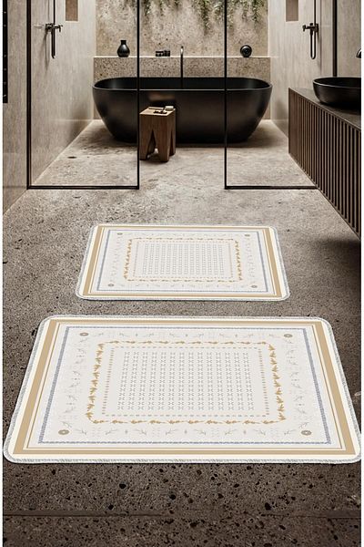 Artızon Beige Decorative Modern Design Non-Slip Base Washable Set Set Bath Mat 50X60-60X90 cm