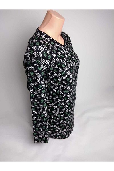 YAŞAR TRİKO Tricou din piele intoarsa neagra din bumbac pieptanat - decolteu in V, maneca lunga, lateral despicat, sezonier