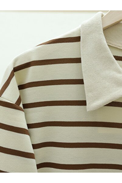 Modamorfo Pruhovaná tunika s výstřihem Polo - hnědá