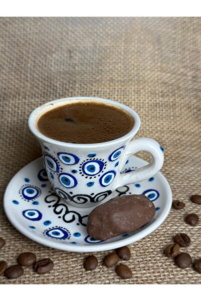 naturalife Handmade Evil Eye Bead Patterned Set of 4 Ceramic Coffee Cups & Saucers